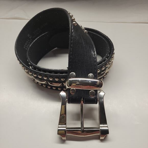 Studded M Leather Belt Western Biker Rocker Black Silver Dots & Dashes Design